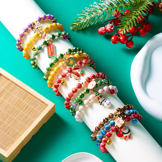 (12-Pack) Festive Christmas Beaded Charm Bracelet Set- Santa, Snowman & Reindeer Jewelry V888-ELOSUNG38219