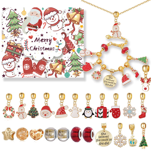 Gold Christmas Advent Calendar DIY Jewelry Kit - 24 Surprises with Gold-Tone Charm Bracelet & Necklace V888-ELOSUNG38221