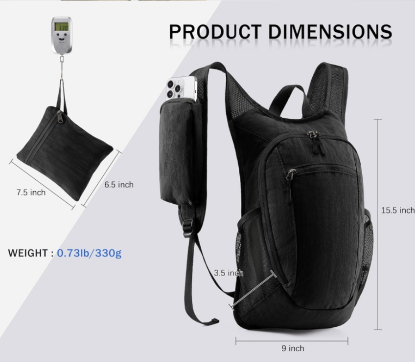 Black Ultra-Lightweight Packable Backpack (10L) - Foldable Daypack for Travel, Hiking & Sports V888-ELOSUNG38225