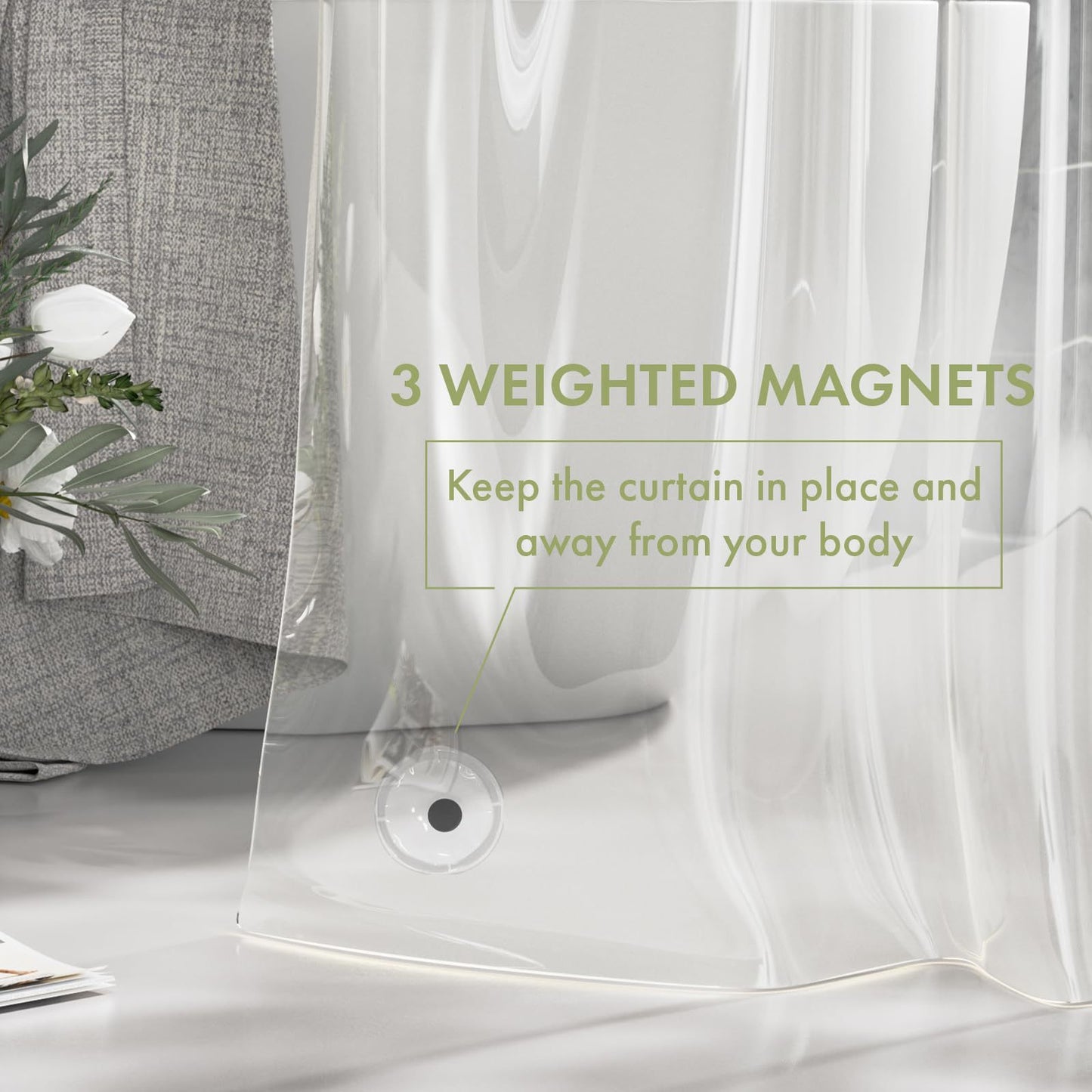 Heavy-Duty Clear PEVA Shower Curtain Liner with 3 Magnets - Waterproof & Easy-Clean Bathroom Liner with Hooks V888-ELOSUNG38232