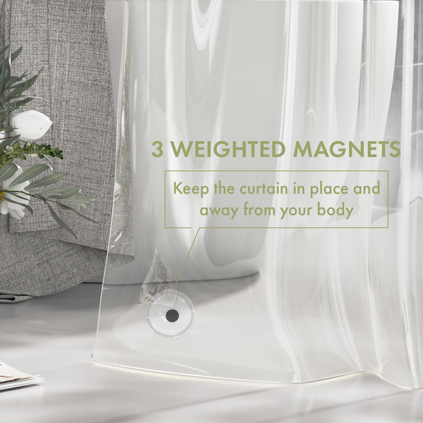Heavy-Duty Clear PEVA Shower Curtain Liner with 3 Magnets - Waterproof & Easy-Clean Bathroom Liner with Hooks V888-ELOSUNG38232