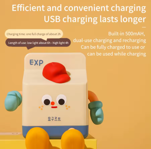 Adorable Milk Carton LED Night Light - USB Rechargeable Silicone Lamp with Tap Control, Timer & 3 Brightness V888-ELOSUNG38253
