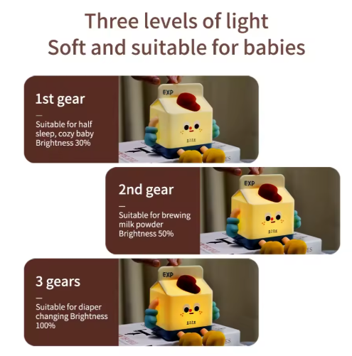 Adorable Milk Carton LED Night Light - USB Rechargeable Silicone Lamp with Tap Control, Timer & 3 Brightness V888-ELOSUNG38253