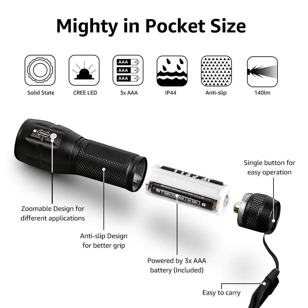 Compact Tactical LED Flashlight - Super Bright 160LM with Adjustable Zoom & Anti-Slip Grip V888-ELOSUNG38257
