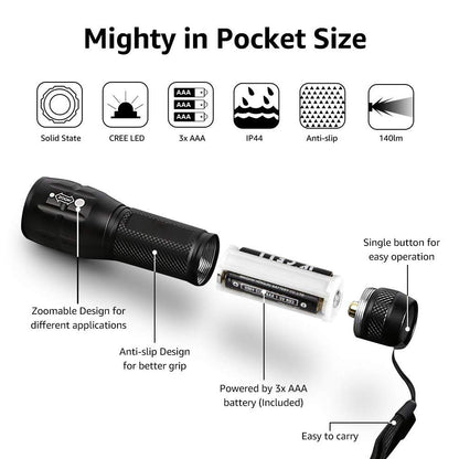 Compact Tactical LED Flashlight - Super Bright 160LM with Adjustable Zoom & Anti-Slip Grip V888-ELOSUNG38257