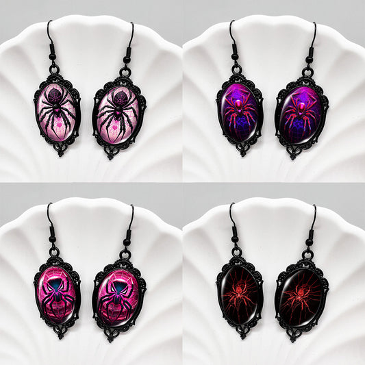 (Assorted 4-Pair Set) Gothic Spider Dangle Earrings - Vintage Black Frame Halloween Jewelry V888-ELOSUNG38258
