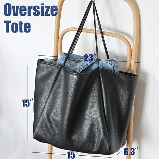 Beige Classic Oversized Tote Bag - Soft Faux Leather Shoulder Purse for Work, Travel & Everyday Use V888-ELOSUNG38262