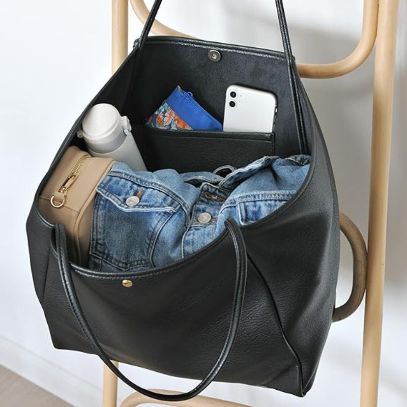 Beige Classic Oversized Tote Bag - Soft Faux Leather Shoulder Purse for Work, Travel & Everyday Use V888-ELOSUNG38262