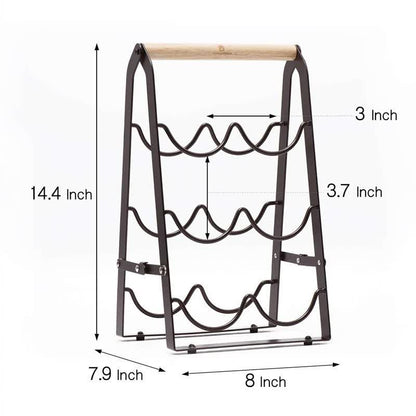 Rustic 6-Bottle Foldable Wine Rack - Metal Countertop Holder with Wooden Handle V888-ELOSUNG38264