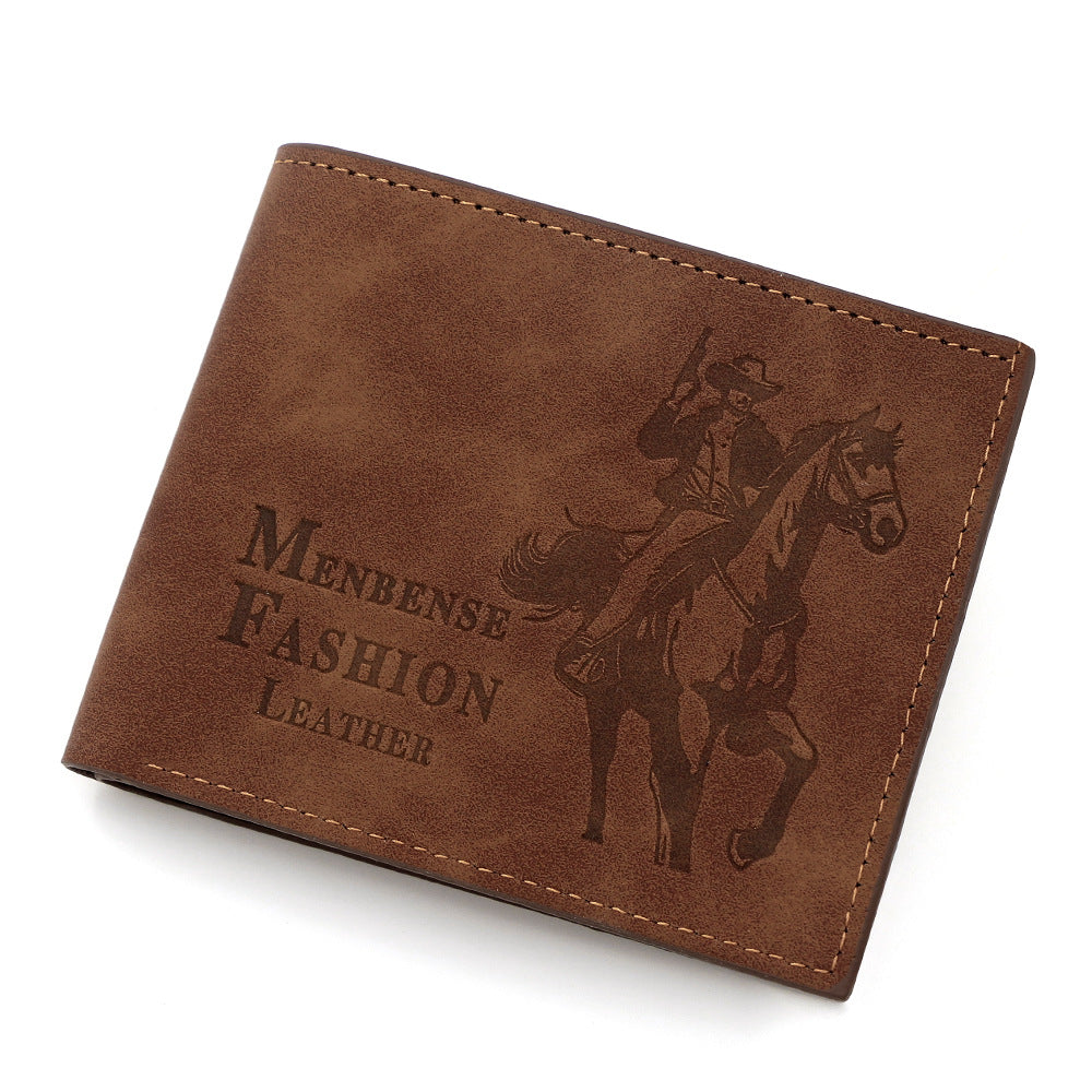 3-PCS Brown Menbense Fashion Leather Wallet Set - Vintage Hunter Design Bi-Fold Wallet with Card Slots V888-ELOSUNG38272