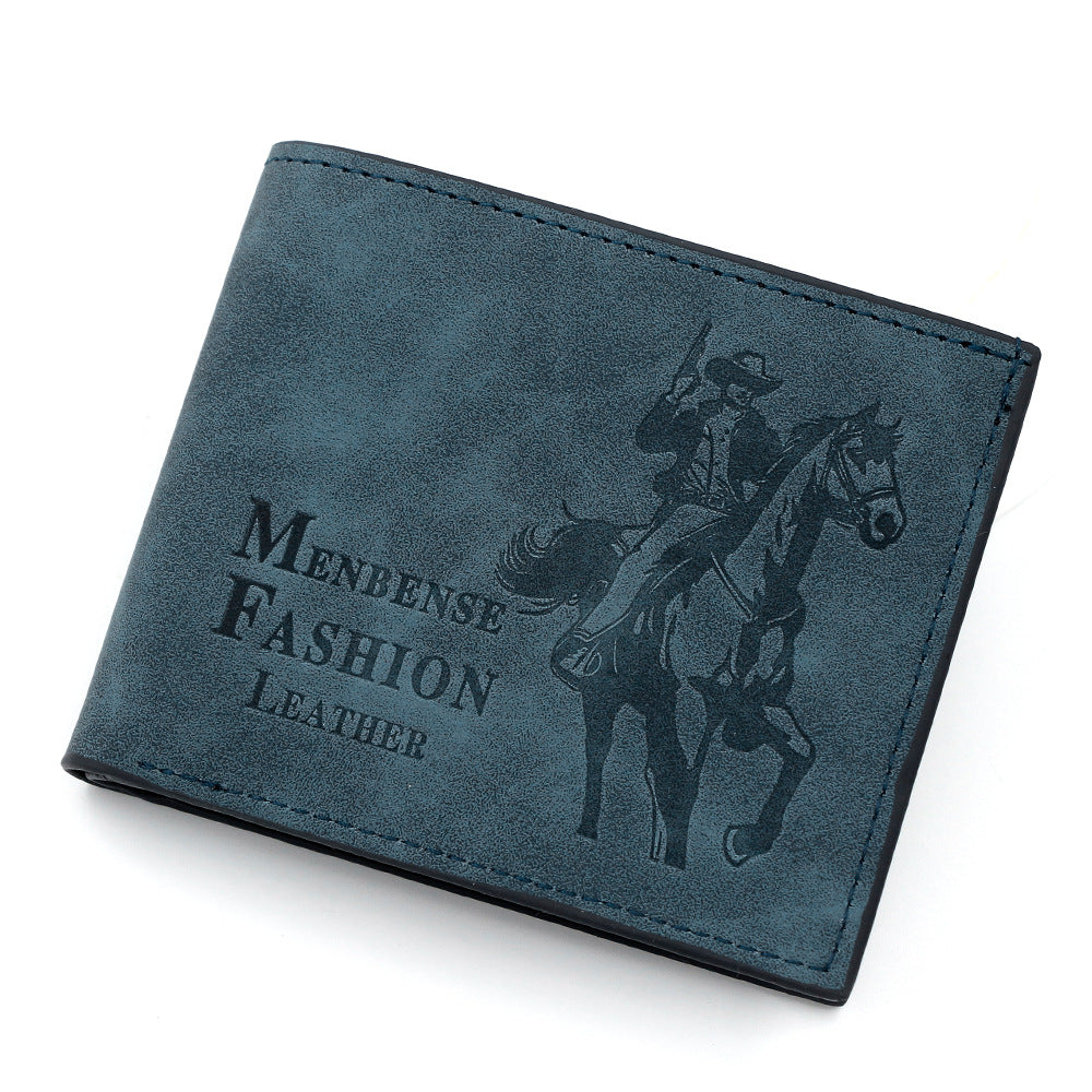 3-PCS Blue Menbense Fashion Leather Wallet Set - Vintage Hunter Design Bi-Fold Wallet with Card Slots V888-ELOSUNG38274