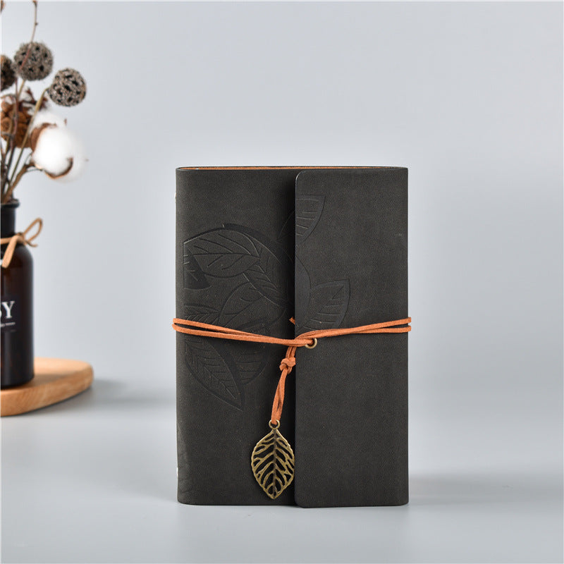 2PCS Black Vintage A5 PU Leather Journal with Leaf Charm - Ring Bound Refillable Notebook Set V888-ELOSUNG38280