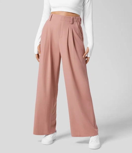 XL Pink Drapey High-Waist Wide-Leg Trousers - Loose Fit Casual Long Pants for Women V888-ELOSUNG38299