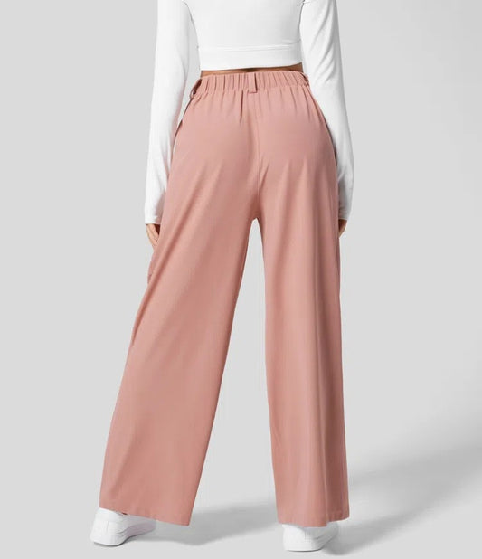 XL Pink Drapey High-Waist Wide-Leg Trousers - Loose Fit Casual Long Pants for Women V888-ELOSUNG38299