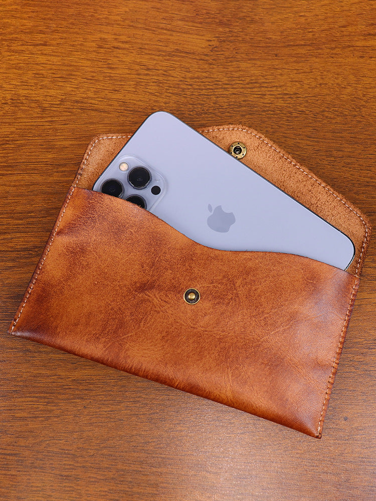 Brown Vintage Japanese Style Full-Grain Leather Phone Wallet - Slim Envelope Clutch for Women V888-ELOSUNG38302