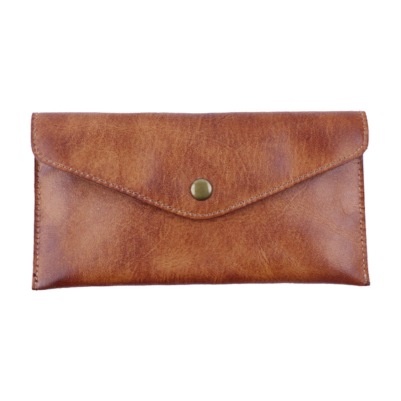 Light Brown Vintage Japanese Style Full-Grain Leather Phone Wallet - Slim Envelope Clutch for Women V888-ELOSUNG38304