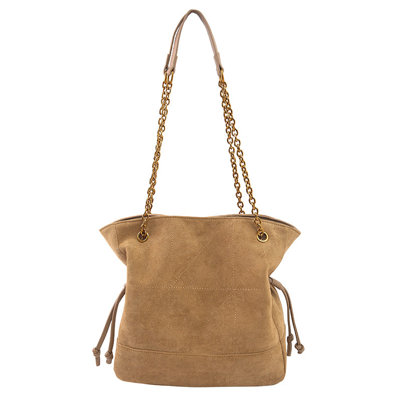 Khaki Chic Suede Hobo Bag for Women - Versatile Tote with Drawstring, Large Capacity Commuter Bucket Bag V888-ELOSUNG38318