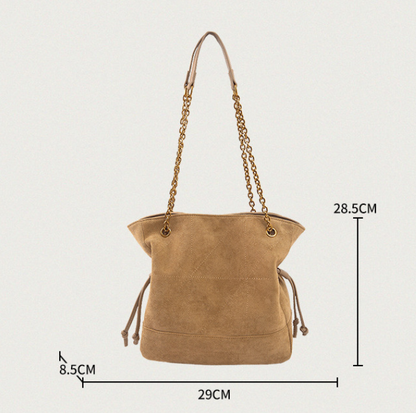 Khaki Chic Suede Hobo Bag for Women - Versatile Tote with Drawstring, Large Capacity Commuter Bucket Bag V888-ELOSUNG38318