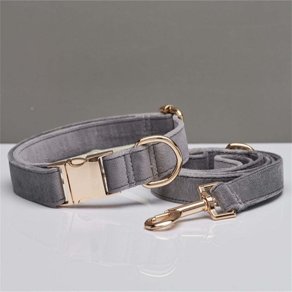 M Grey Luxury Velvet Pet Collar & Leash Set - Engravable Dog Collar with Gold Hardware V888-ELOSUNG38331