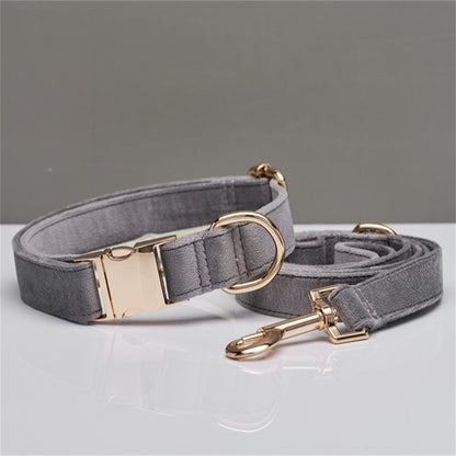 L Grey Luxury Velvet Pet Collar & Leash Set - Engravable Dog Collar with Gold Hardware V888-ELOSUNG38332