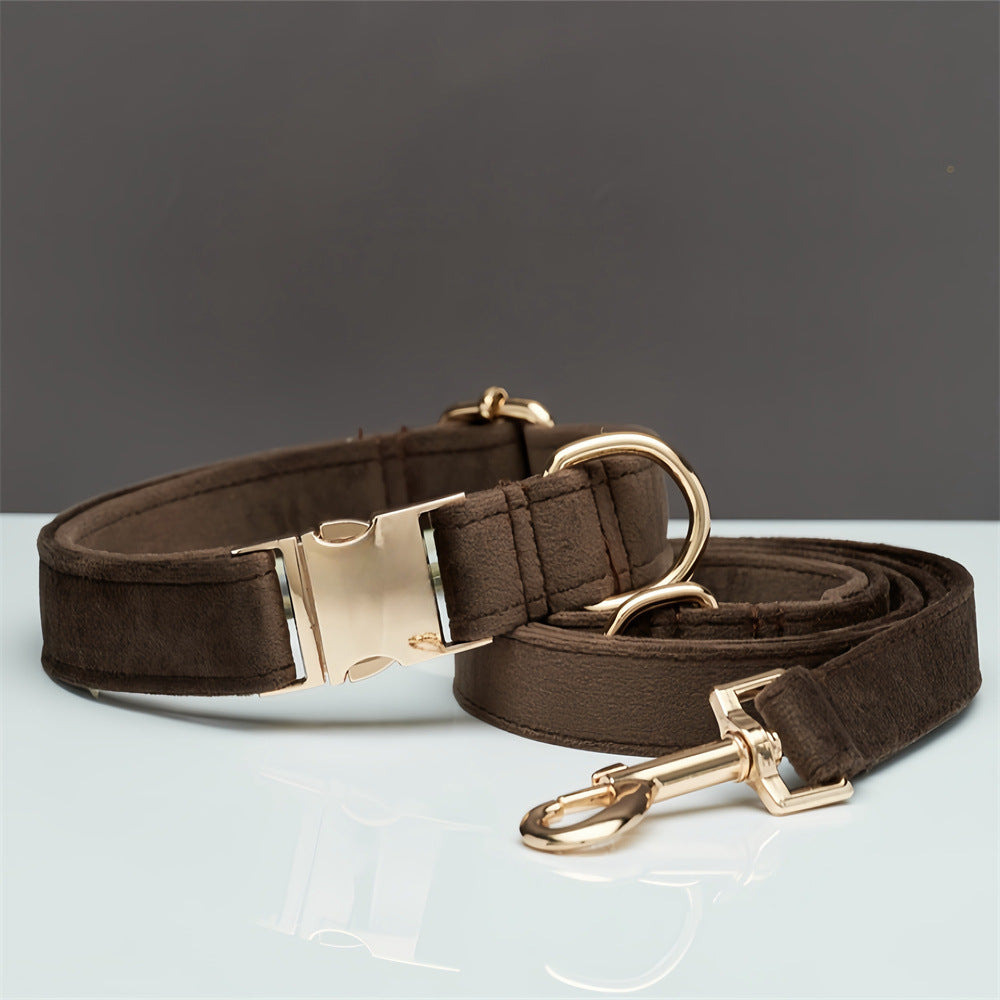 M Brown Luxury Velvet Pet Collar & Leash Set - Engravable Dog Collar with Gold Hardware V888-ELOSUNG38335