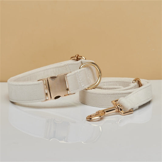 XS Beige Luxury Velvet Pet Collar & Leash Set - Engravable Dog Collar with Gold Hardware V888-ELOSUNG38337