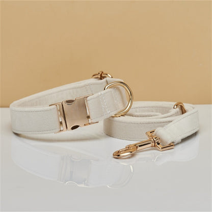M Beige Luxury Velvet Pet Collar & Leash Set - Engravable Dog Collar with Gold Hardware V888-ELOSUNG38339