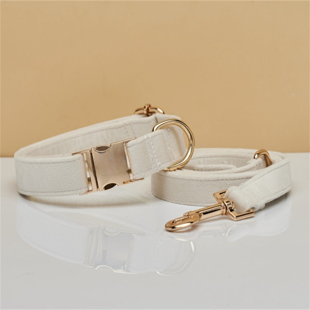 L Beige Luxury Velvet Pet Collar & Leash Set - Engravable Dog Collar with Gold Hardware V888-ELOSUNG38340