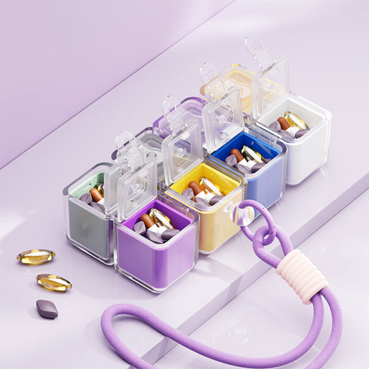 Black 8-Grid Magic Cube Pill Box with Lanyard - Portable Weekly Sealed Tablet Organizer & Dispenser V888-ELOSUNG38344