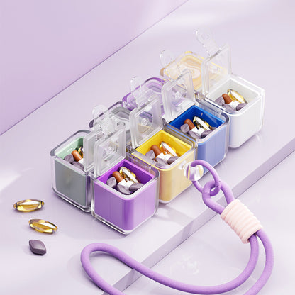 Purple 8-Grid Magic Cube Pill Box with Lanyard - Portable Weekly Sealed Tablet Organizer & Dispenser V888-ELOSUNG38345