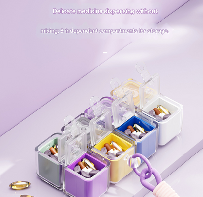 Purple 8-Grid Magic Cube Pill Box with Lanyard - Portable Weekly Sealed Tablet Organizer & Dispenser V888-ELOSUNG38345