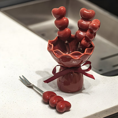 Red Cute Dessert & Fruit Forks with Ceramic Storage Jar - High-Value Creative Tableware Set V888-ELOSUNG38351