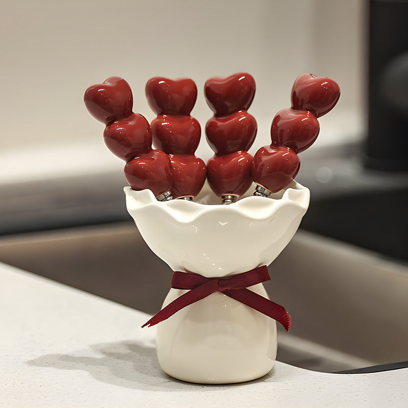 White Cute Dessert & Fruit Forks with Ceramic Storage Jar - High-Value Creative Tableware Set V888-ELOSUNG38352