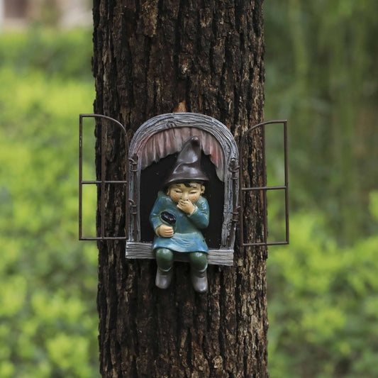 Mouth-Covering Little Man Climbing Window Gnome Figurine - Resin Craft Ornament, Garden Cartoon Statue V888-ELOSUNG38363