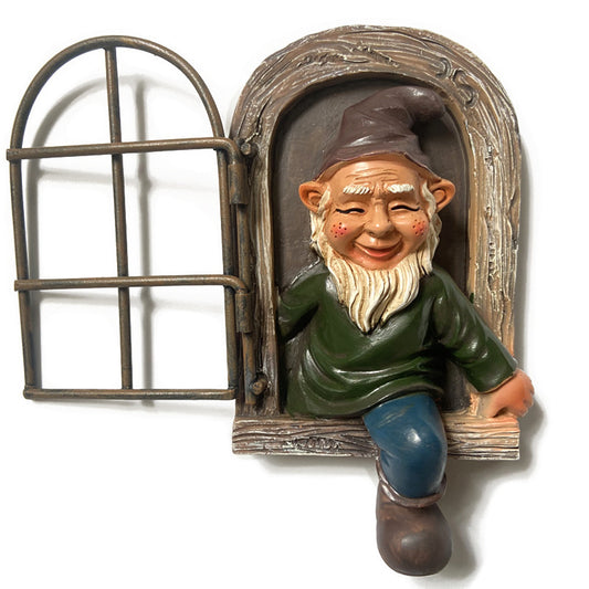 Green-clad White-bearded Old Man Climbing Window Gnome Figurine - Resin Craft Ornament, Garden Cartoon Statue V888-ELOSUNG38364