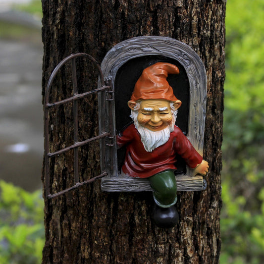 Red-clad White-bearded Old Man Climbing Window Gnome Figurine - Resin Craft Ornament, Garden Cartoon Statue V888-ELOSUNG38365