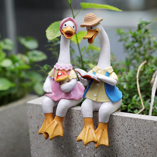 Garden Cartoon Reading Duck Couple Figurines - Outdoor Courtyard, Villa, Farm Landscape Decor Crafts V888-ELOSUNG38367