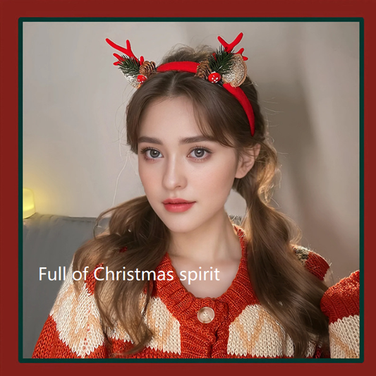 Two-tone Pom-pom Enchanting 5-Piece Christmas Antler Headband Set - Festive Brown Reindeer Hair Accessories V888-ELOSUNG38391
