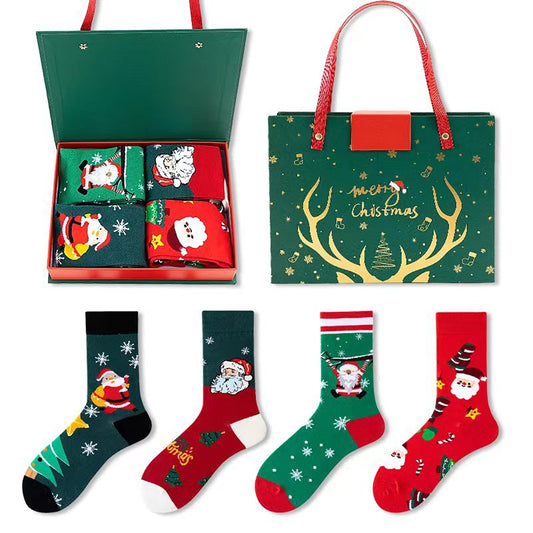 Festive 4-Pair Christmas Sock Gift Box Set - European & American Santa & Snowman Cartoon Cotton Socks V888-ELOSUNG38399