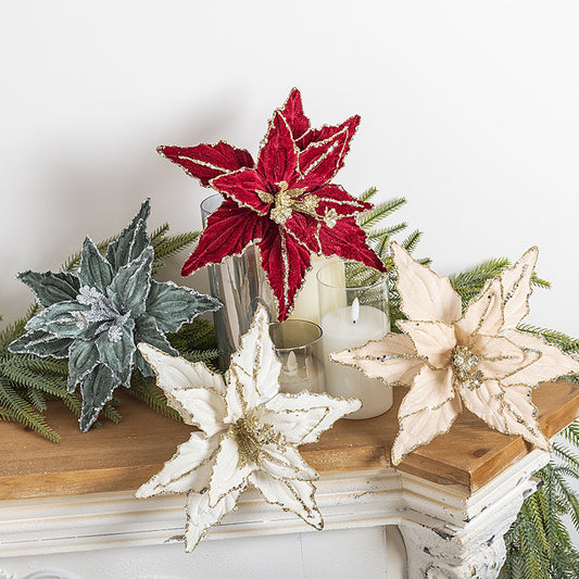 Dazzling 4-Piece 26cm Christmas Poinsettia Flower Set - Red & Gold Glitter Velvet Artificial Flowers for V888-ELOSUNG38402