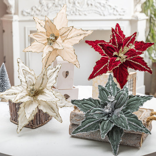 Dazzling 4-Piece 26cm Christmas Poinsettia Flower Set - Red & Gold Glitter Velvet Artificial Flowers for V888-ELOSUNG38402