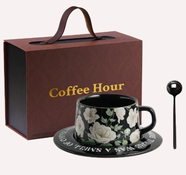 Black Camellia Elegant Ceramic Coffee Cup & Saucer Set - Couples Gift Box, Premium Wedding & Bridesmaid V888-ELOSUNG38405