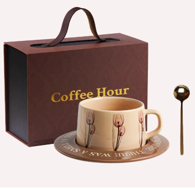 Brown Tulip Elegant Ceramic Coffee Cup & Saucer Set - Couples Gift Box, Premium Wedding & Bridesmaid Favor, V888-ELOSUNG38406
