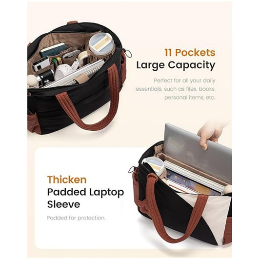 Black Stylish 16-inch Women's Tote Bag - Teacher & Nurse Puffer Work Bag, Travel & Daily Handbag with Cup V888-ELOSUNG38408