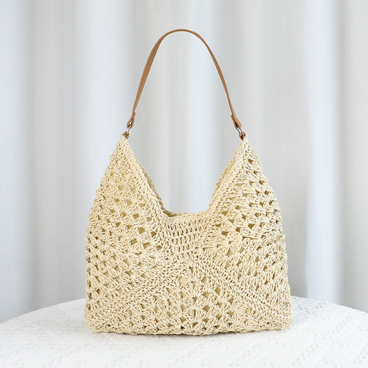 Beige Stylish Woven Shoulder Bag - Fashionable Versatile Handbag & Crossbody Straw Beach Tote (39x27x39 cm) V888-ELOSUNG38424