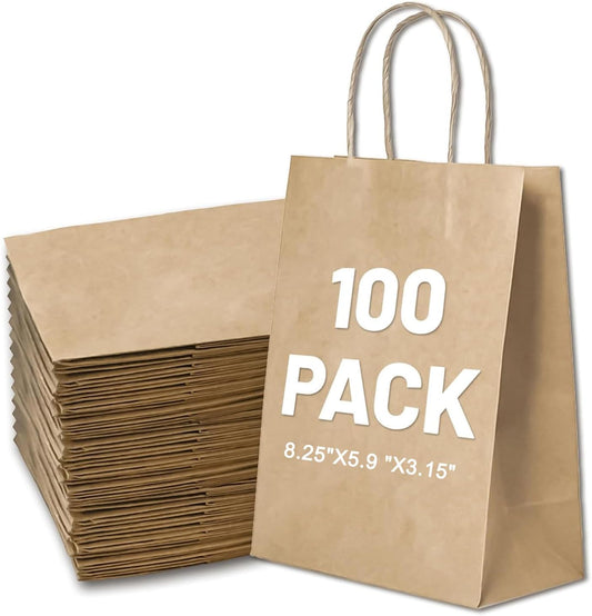 Gift Bags 8.25"X5.9 "X3.15" 100pcs Brown Kraft Paper Bag with Handles for Small Business Christmas Bulk, V888-ELOSUNG38436