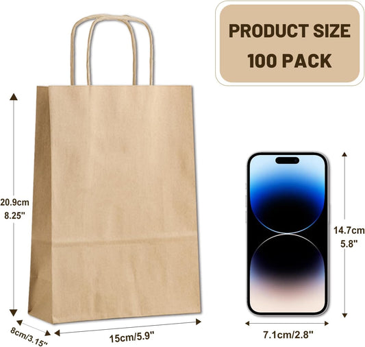 Gift Bags 8.25"X5.9 "X3.15" 100pcs Brown Kraft Paper Bag with Handles for Small Business Christmas Bulk, V888-ELOSUNG38436