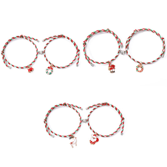 3 Pairs Cute Couple Bracelets - Magnetic Christmas & New Year Friendship Rope Bracelets with Charms V888-ELOSUNG38450