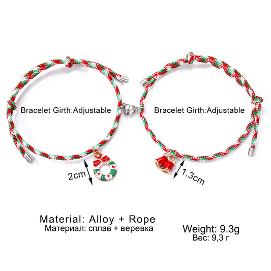 3 Pairs Cute Couple Bracelets - Magnetic Christmas & New Year Friendship Rope Bracelets with Charms V888-ELOSUNG38450