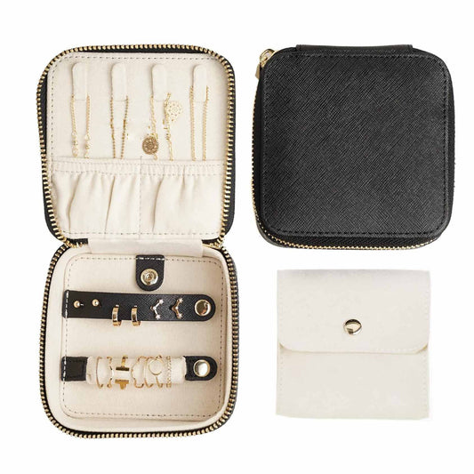 Black "Small But Mighty" Leather Jewelry Box - Portable Organizer for Earrings, Necklaces, Rings & More V888-ELOSUNG38476